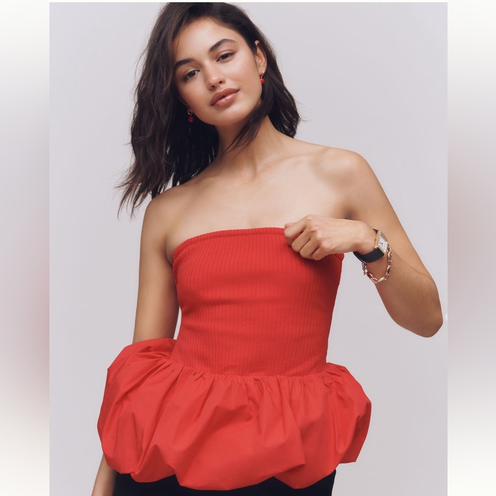 Maeve Red Strapless Bubble Hem Peplum Top Size‎ Scandi Girl Size Large NWT